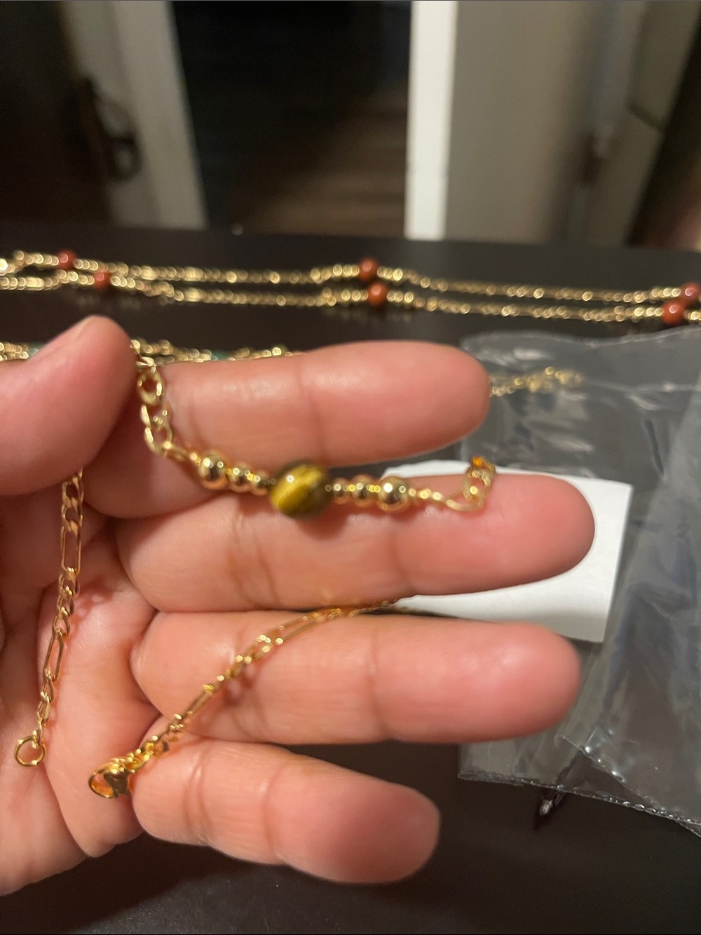 Gold-Tone Beaded Chain bracelet with Olive Accent